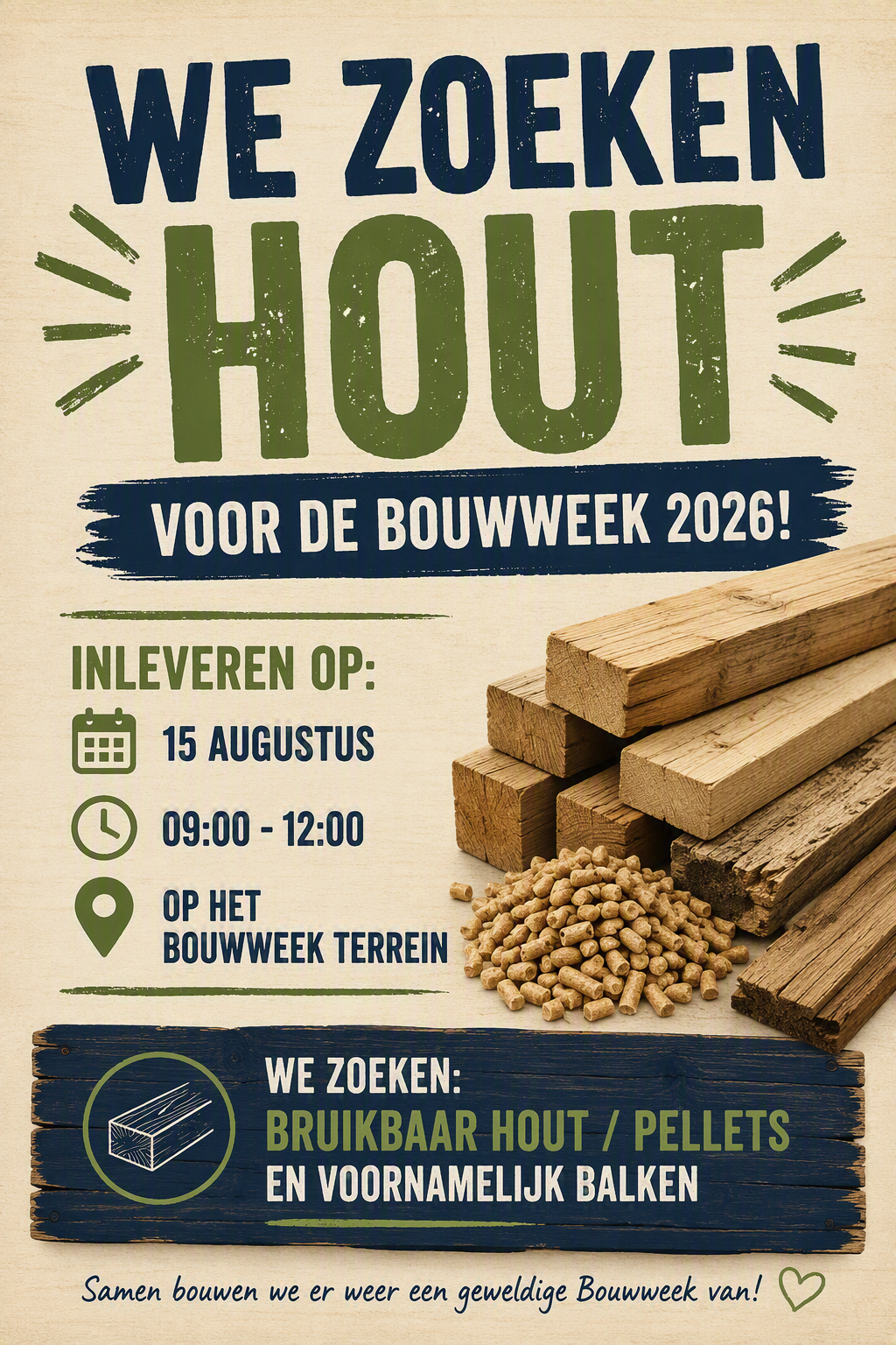 🪵 HOUT GEZOCHT VOOR DE BOUWWEEK 2026! 🪵